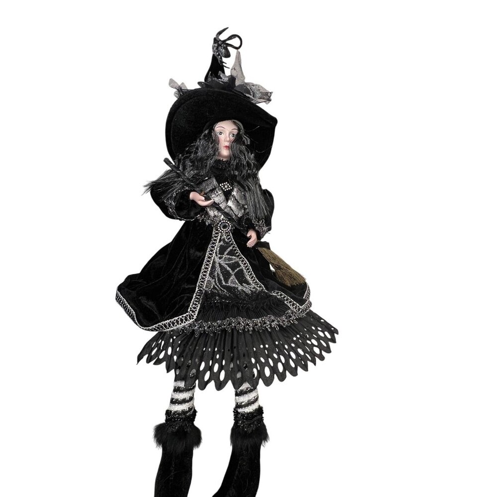 Porcelain Witch Doll Black Silver Velvet Dress Broomstick Halloween Collectible
